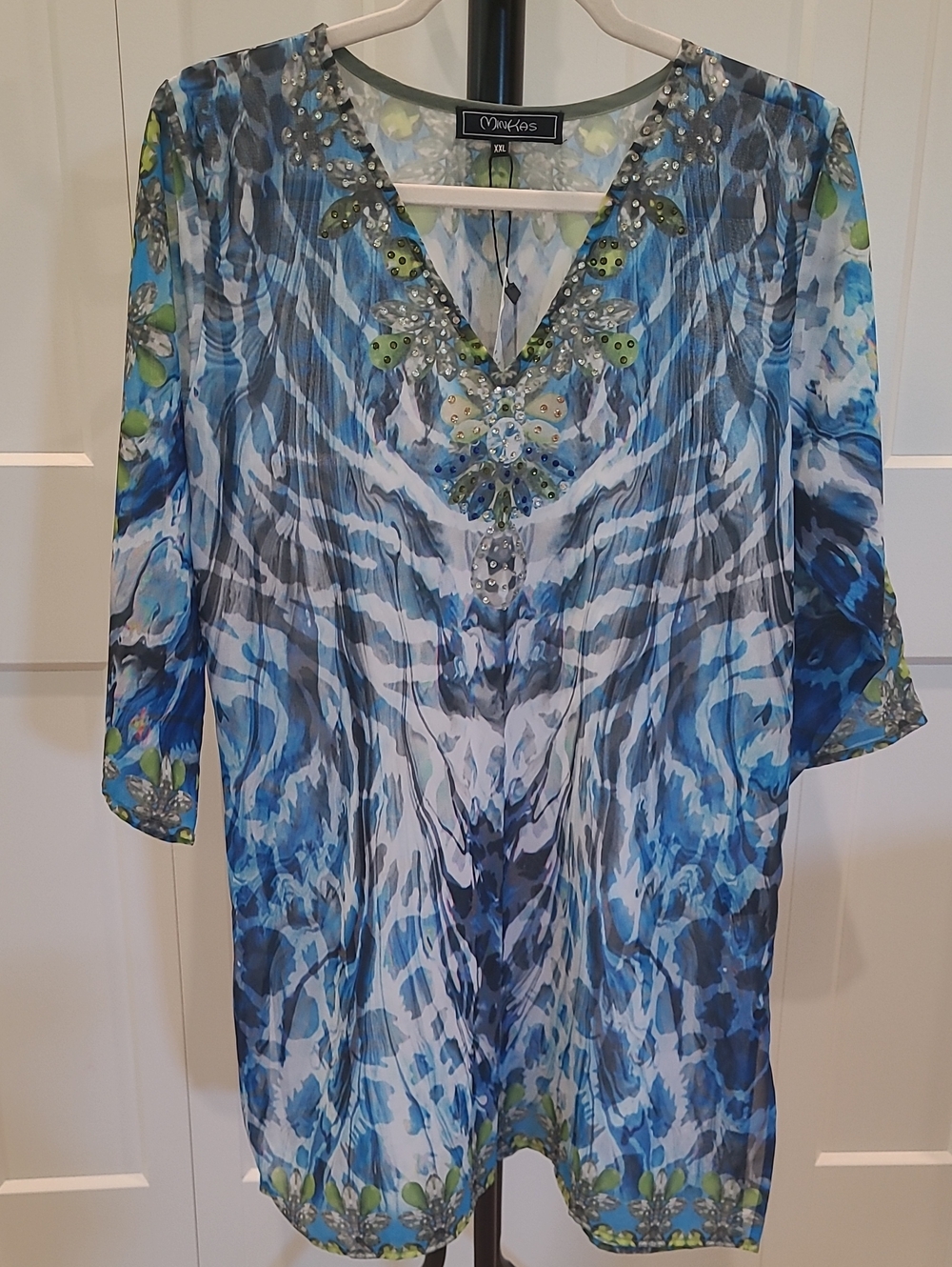 MINKAS Blue and Green Watercolor V-Neck Embellished Semi-Sheer Tunic